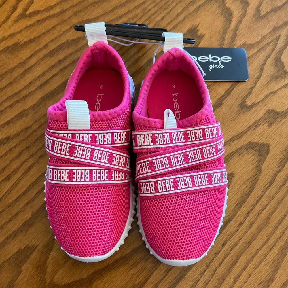 NWT Bebe Girl’s Fuchsia Pink Slip-on Sneakers w/Branded Elastic Straps, Sz 8